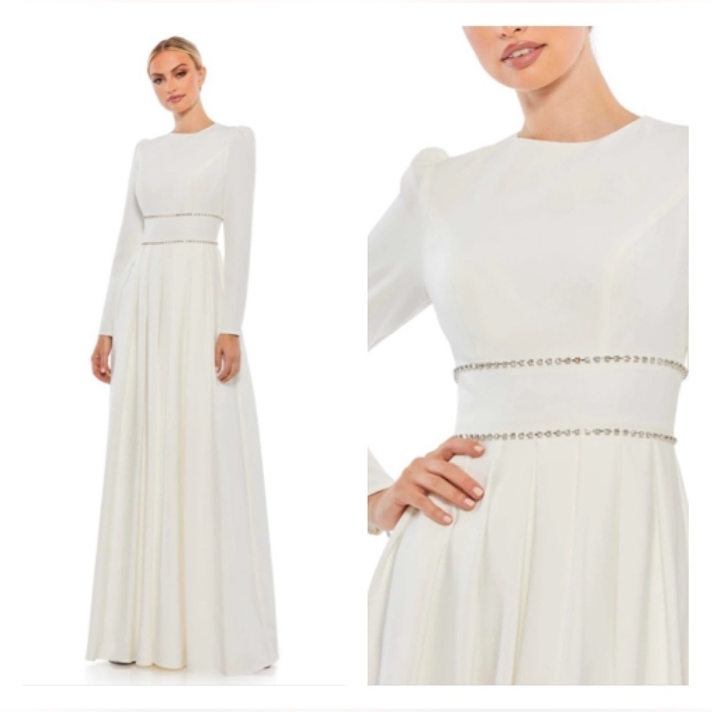 Mac Duggal Cream Long Sleeve Beaded Waist Gown